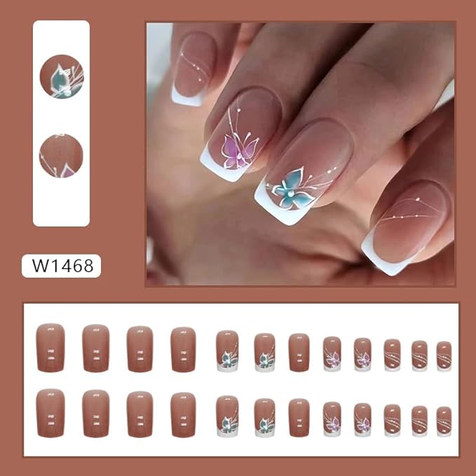 Curvlife Short Press on Nails, 30pcs Acrylic Fake Nails with Design Butterfly Style Full Cover False Nails for Women Reusable Kit with Nail Glue Adhesive Tabs Nail File