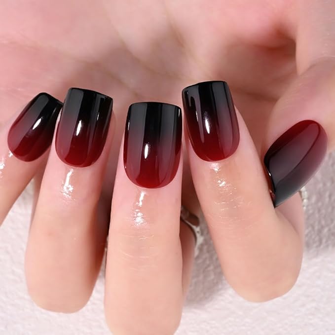 Red Black Ombre Press on Nails, Short Square Acrylic Fake Nails Design, Natural Reusable Nails Kit for Women DIY False Nail Art Decoration Gift, Salon Quality Reusable 15/30 Pcs