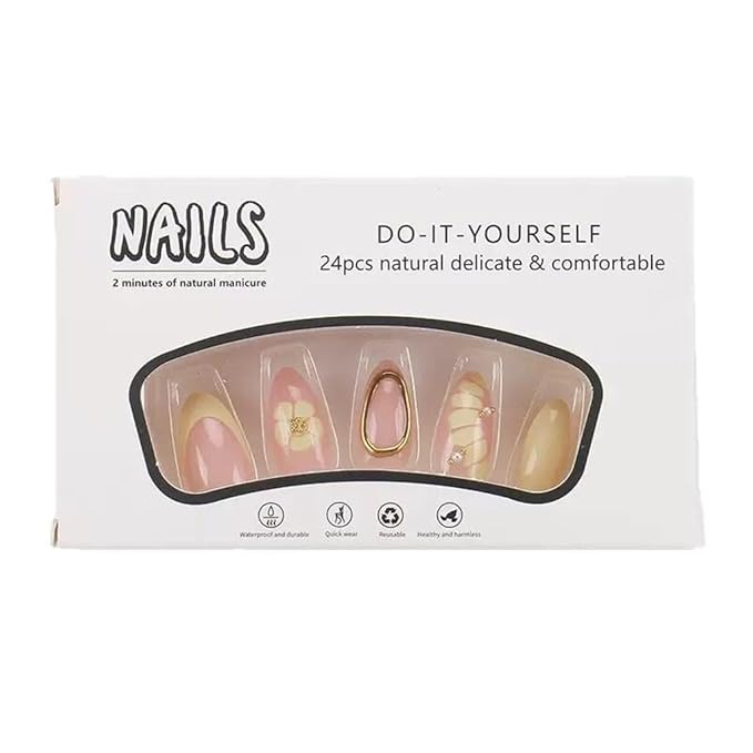 Medium Press on Nails Almond - Flower Fake Nails with Gold Line Design - Yellow Ombre Full Cover Stick on False Nails - for Women Manicure 24 Pcs