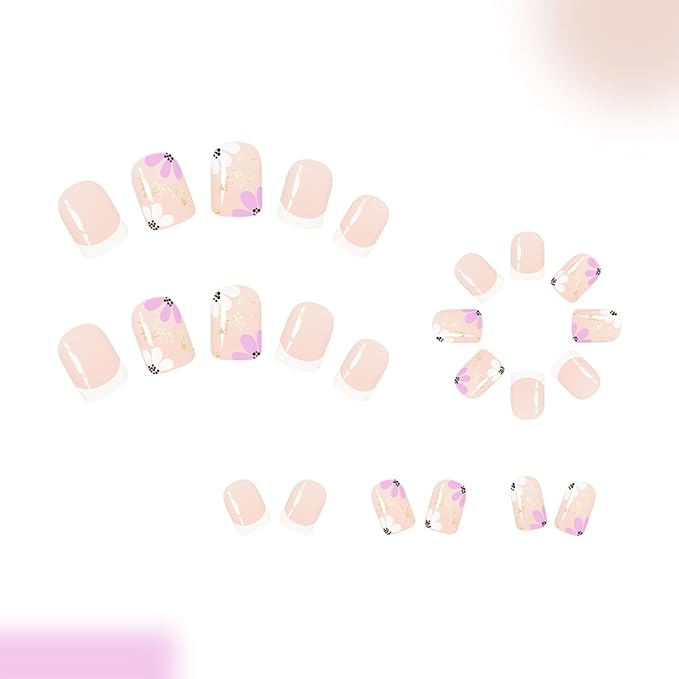 24 Pcs Press on Nails White French Fake Nails Short Square False Nails with Flowers Designs Press Ons Glue on Nails Nude with Gold Glitter Glossy Nail Tips Full Cover Acrylic Stick on Nail for Women