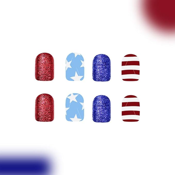 Independence Day Press on Nails Short Square False Nails with Star Designs Striped Fake Nails Glossy Red Blue Acrylic Nail Full Cover 4th of July Stick on Nail for Women Girls Manicure 24Pcs