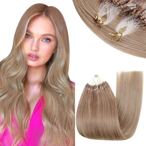 RUNATURE 22 Inch Human Hair Micro Bead Hair Extensions Light Brown to Blonde,Long Straight Hair, Pre Bonded Micro Link Hair Extensions for Women, Long Lasting, Natural Blending For Daily Wearing