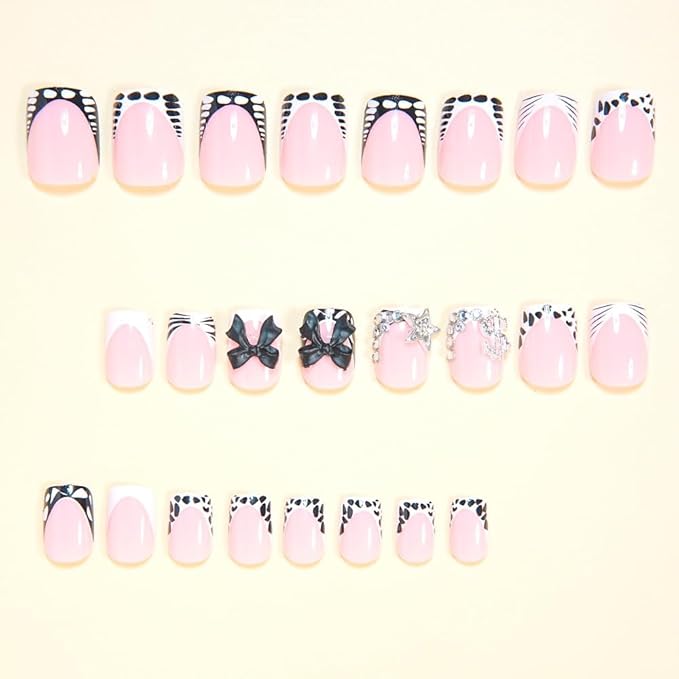 Short Press on Nails - Square Fake Nails with Bow Star Charms Design - French Tip False Nails Stick on - for Women 24 Pcs