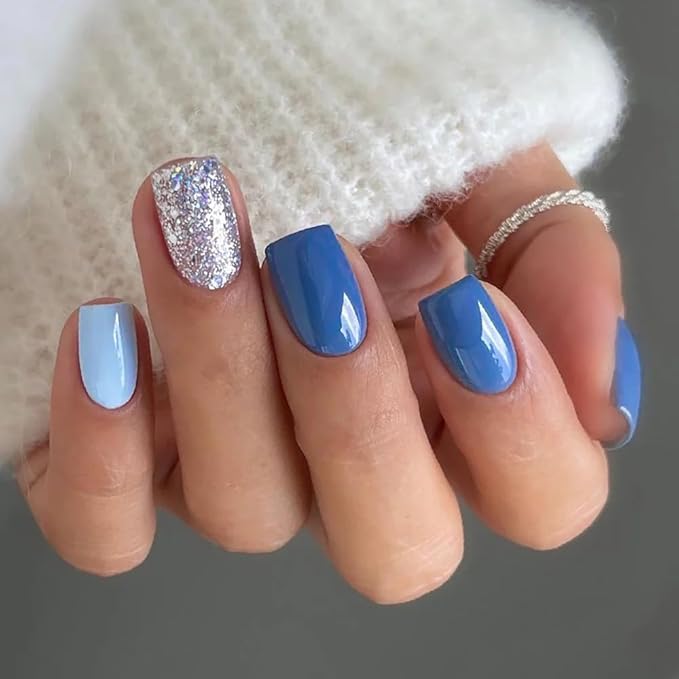 Curvlife Soft Gel Press on Nails 30pcs Fake Nails with Design Full Cover False Nails for Women Reusable Nail Kit with Nail Glue Adhesive Tabs Nail File (Ocean Blue)