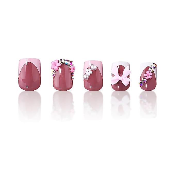 Cute Press on Nails Short Square French Tip Fake Nails Flower Pearls Bow Charms False Nails with Designs MABKJLF Pink & White Glossy Glue on Nails Stick on Nails Acrylic Nails for Women Girls 24Pcs