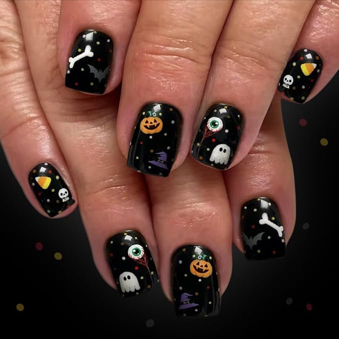 2 Packs 48Pcs Halloween Press on Nails Short Square Fake Nails Ghost Acrylic Nails with Eye Bat Pumpkin Designs Gray Black Glue Stick on Nails for Women Girls Festival Decoration