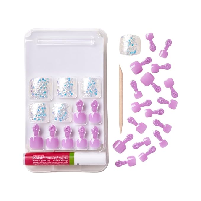 GoldFinger Trendy Press On Fake Toenail Kit, Glitter Confetti Flakes & Purple Color, Ready to Wear Gel & Manicure Stick, Mini Glue included, Long-Lasting Convenient & Easy to Apply