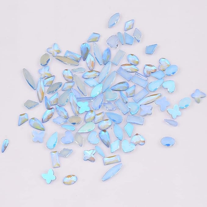 100pcs Aurora Blue ab Nail Art Rhinestones 10 Shapes Small Flatback Stones Mix Heart Butterfly Shaped Crystals Charms Accessory for Nail Decor Bulk Pack
