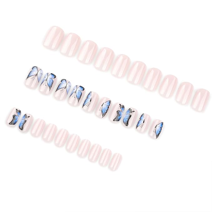 Square Press on Nails Short Fake Nails with Designs Butterfly Stick on Nail Blue French Acrylic False Nail Glossy Artificial Nail Full Cover Glue on Nails for Women 24Pcs