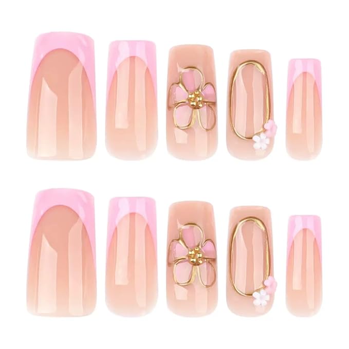 Medium Press on Nails Square - Pink French Tip Fake Nails - Flower, Gold Line Design False Nails Press ons - for Women 24 Pcs