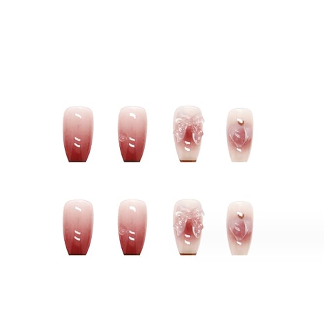 Hkanlre Pink Butterfly Press on Nails Cute Coffin Medium Fake Nails Tips Full Cover Gradient False Nails for Women and Girls 24PCS