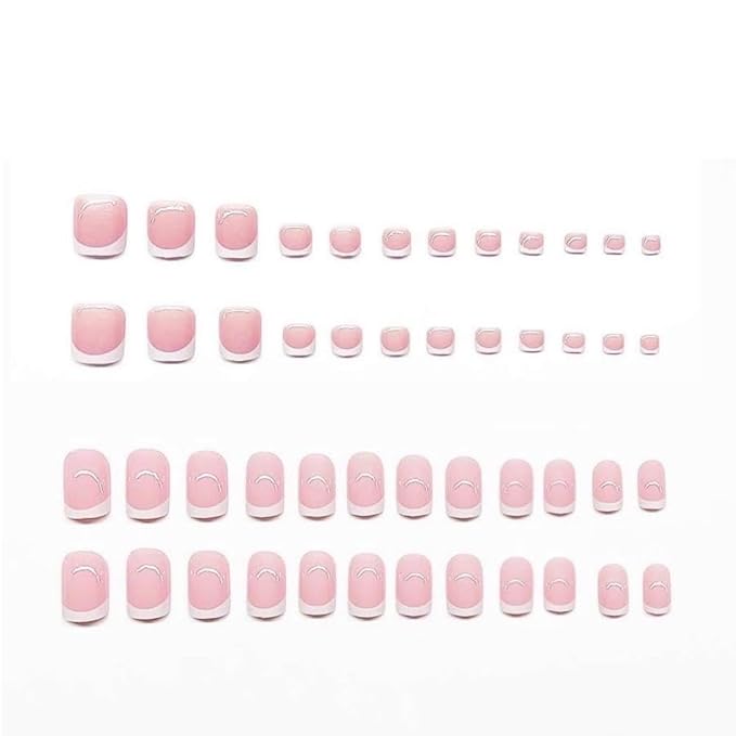 48Pcs White French Tips Press on Nails Short Square Press on Toenails Glossy Skintones Fake Nails with Designs Reusable Full Cover Fake Toenails Summer False Nails Kit for Women Girls Manicure