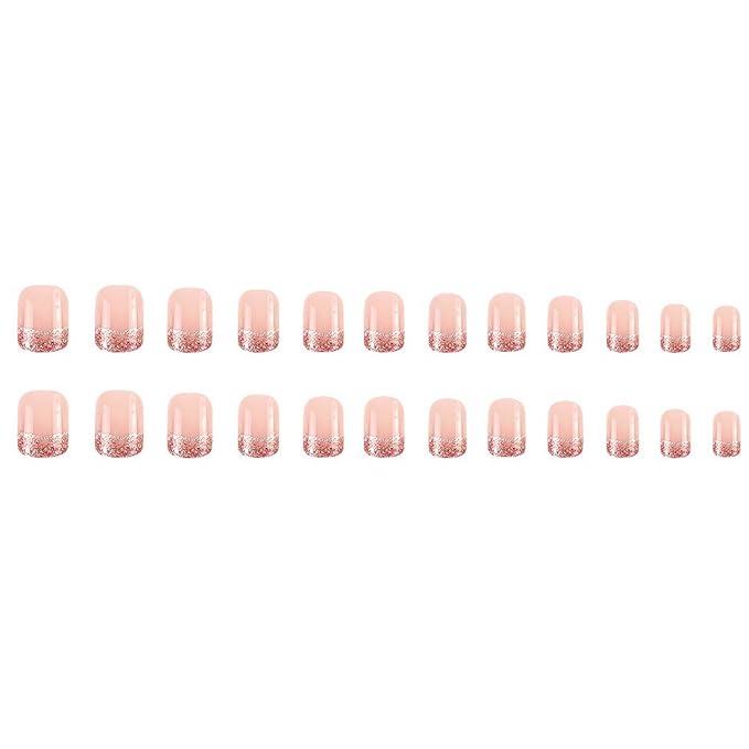 Pink French Tip Press on Nails Short Square MABKJLF Fake Nails False Nails with Glitter Designs Full Cover Glossy Glue on Nails Acrylic Nails for Women Girls 24Pcs