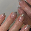 Silver Glitter French Press on Nails Short Almond fake Nails White Starburst false Nails Full Cover Color Gradient Glitter Glossy Acrylic Nails for Women and Girls DIY Manicure Decoration 24Pcs