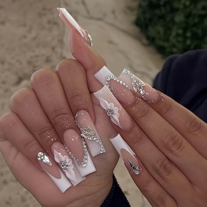 Square Press on Nails Long White Fake Nail3D Flowers Charm Acrylic with Rhinestones Design Stick on Nails for Women 24pcs