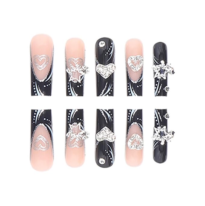Black Press on Nails Long Square Fake Nails with Heart Star Charms Design French tips Glue on Nails Glossy Reusable False Nails for Women Girls Manicure 24pcs
