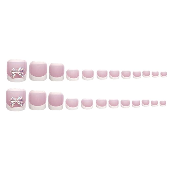 48Pcs Square Press on Nails Medium & Press on Toenails Set, White French Tip Fake Nails with Bow Designs Pink False Nails Short Press on Toe Nails Glue on Toenails Kit for Women Manicure