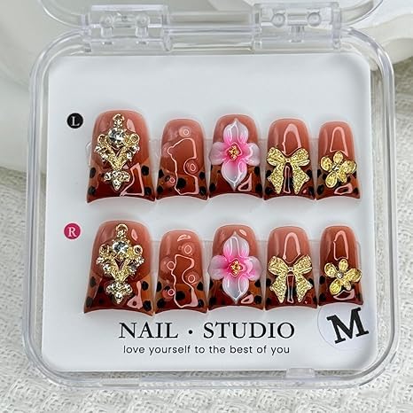 Handmade Press on Nails Short Duck Fake Nails Leopard Print Gradient French Design Luxury Gems False Nails Gold Bow and Flower Handmade Press ons Nail Reusable Nails for Women Decorations (Size M)