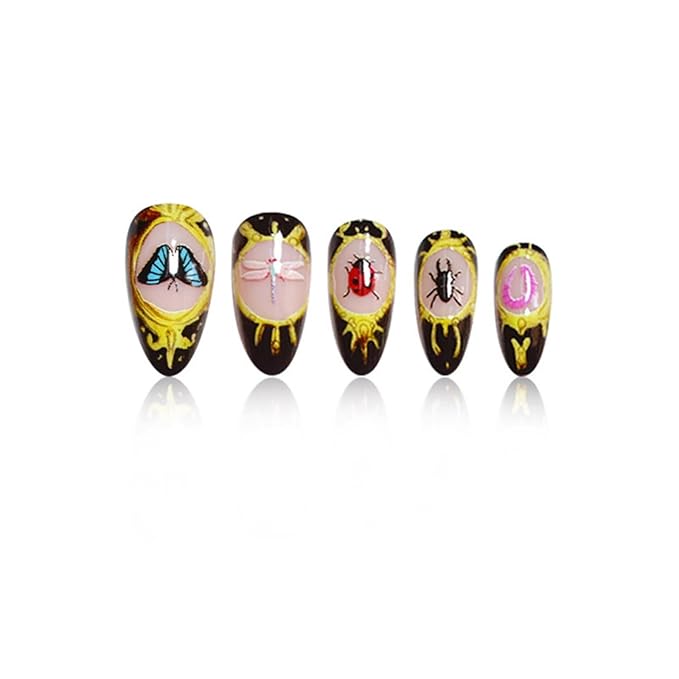 Short Press on Nails Almond Fake Nails Black False Nails Artificial Nails with Insect DesignsGold CharmStick on Nails for Women 24pcs