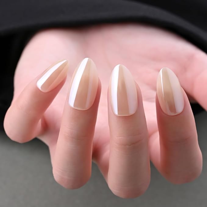Press on Nails Short Almond - Nude Chrome Glazed Glossy Press on Nail Tips Stick on Nails with Nail Kit for Gift, Reusable Stick On Nails in 15 Sizes - 30 Full Cover Acrylic Soft Gel Fake Nails Kit