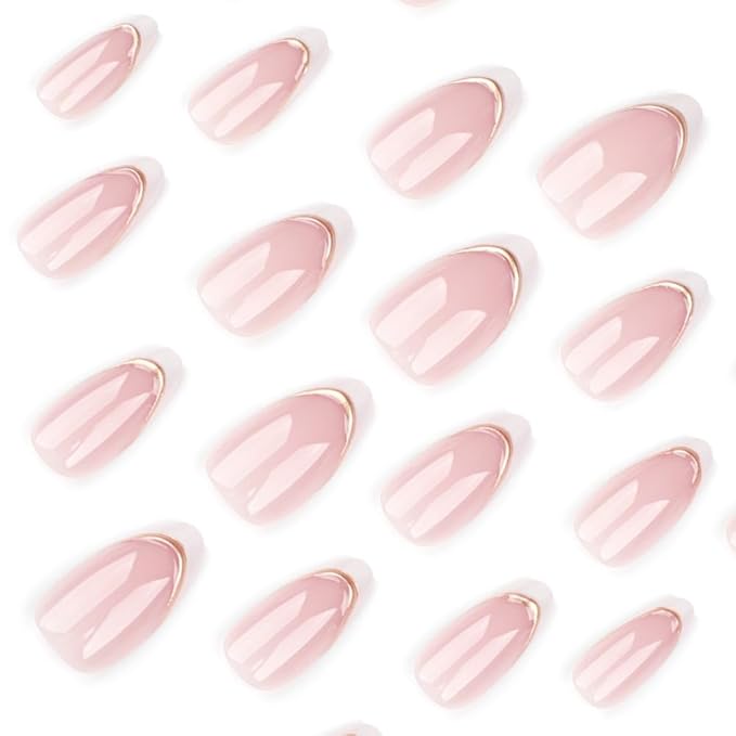 French Tip Press on Nails Short Almond Fake Nails Press ons with Designs Gold False Nails Glue on Nails White French Tips Glossy Full Cover Acrylic Artificial Stick on Nail for Women Manicure 24Pcs