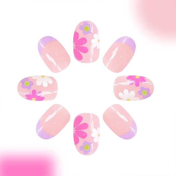 Flower Press On Nails - Short Almond French Tip Colorful Flowers Acrylic Nude Pink Full Cover Glue On Floral False Nails for Women Girls - 24 Pcs