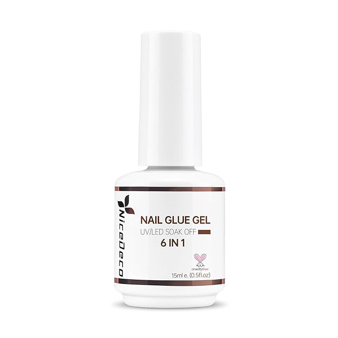 Nicedeco Hema Free Nail Glue Gel for Acrylic Nails 15ML, Cruelty Free, Vegan, Long-Lasting 6 in 1 Brush On Glue for False Nails Tips Led Lamp Required