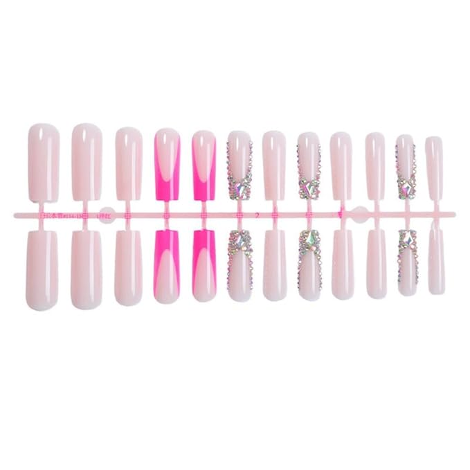 Handmade Press on Nails - Long Square Fake Nails - Red French Tips Design Shiny Rhinestone False Nails Glossy Stick on Nail Full Cover Nails Diamond Glue on Nail for Women Manicure 24Pcs