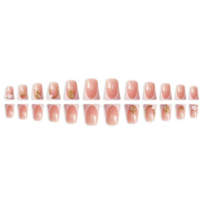White French Tip Press on Nails Duck Fake Nails Bow Nail Press ons with Rhinestone Design Dollar Glue on Nails Reusable Artificial Glossy Full Cover Acrylic Stick on Nail for Women Manicure 24Pcs