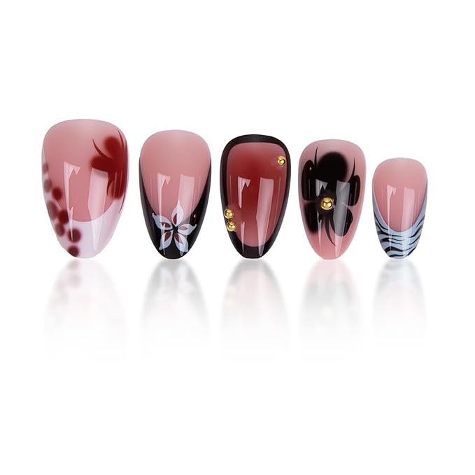 Press on Nails Almond - Short Fake Nails with Flower Design - Ombre French Tip False Nails Press ons - for Women 24 Pcs