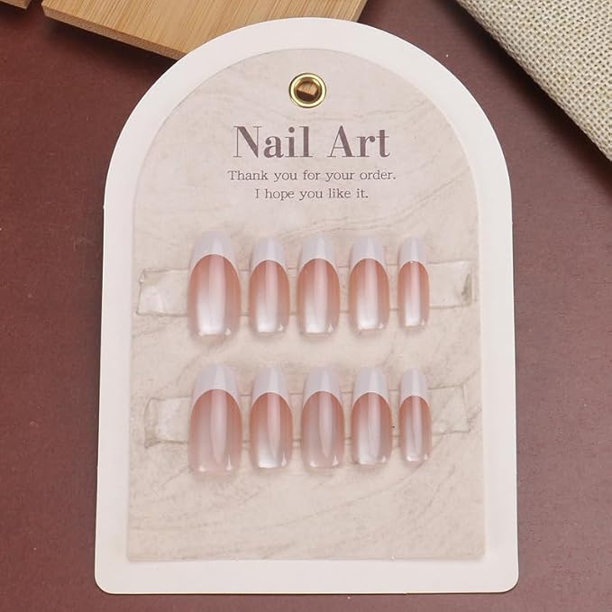 White French Tip Press on Nails Almond Medium Fake Nails Cat Eye False Nails Nude Ombre Acrylic Nails Glossy Shiny Gradient Glue on Nail for Women Manicure Decoration 30Pcs