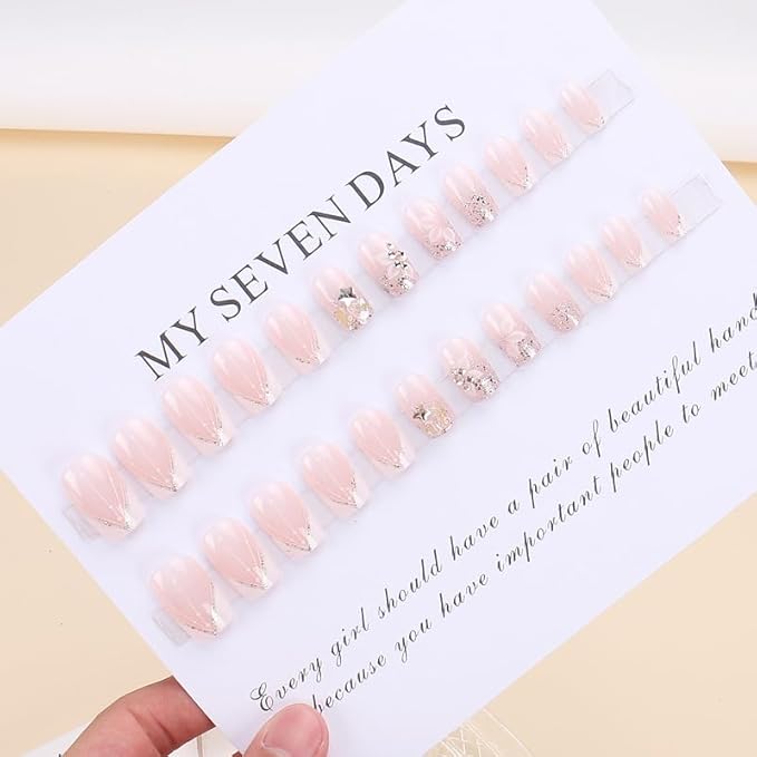 White French Tip Press on Nails Square Fake Nails Medium Length Nails Press ons with Glitter Design Reusable Artificial Nail Full Cover Glue on Nail Stick on Nails for Women Manicure 24Pcs