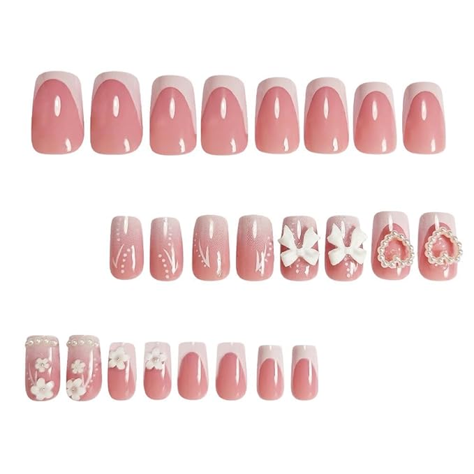 Press on Nails Square - Medium Fake Nails with Flower Bow Design - Heart, White French Tip False Nails for Women - 24 Pcs