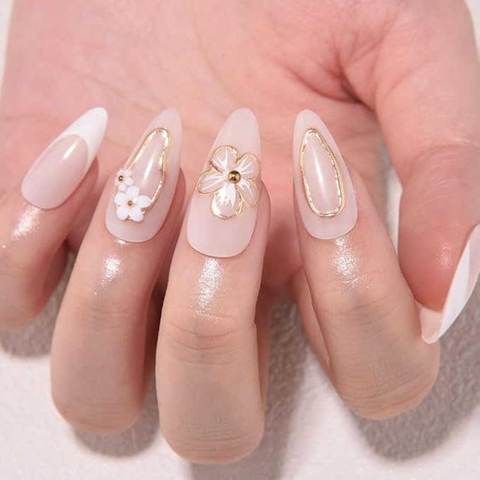evpct 3D Flower French Press on Nails Medium Almond with Gold Line Design, White French Tip Stick on Nail for Women Gift with Kit, Reusable Full Cover Soft Gel Press on Fake Nail with 3D Floral Design