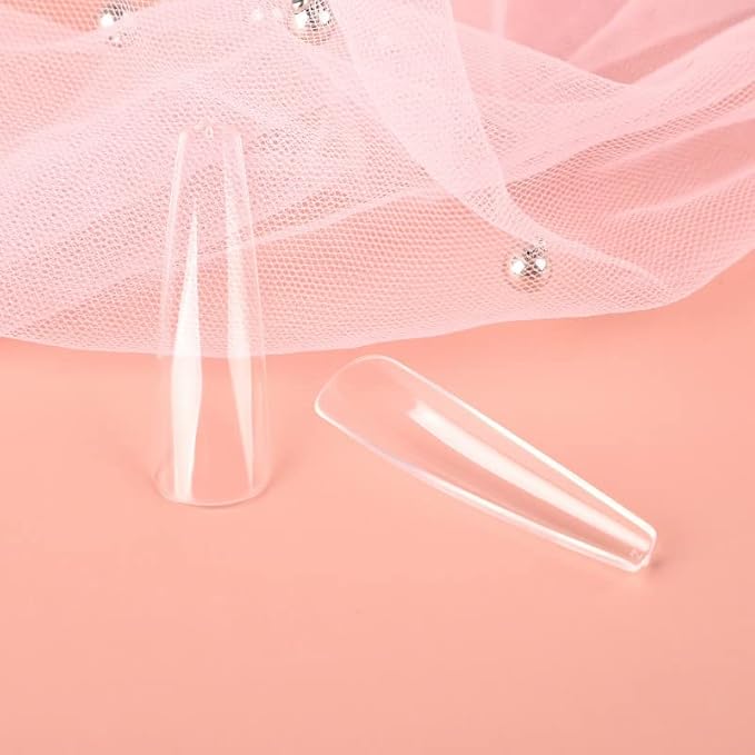 Allkem Soft Gel Nail Tips - XXL Ballerina Nail Extensions with Refill Bag - 12 Sizes Extra Extra Long Full Cover Nails - Clear (504 Pieces)