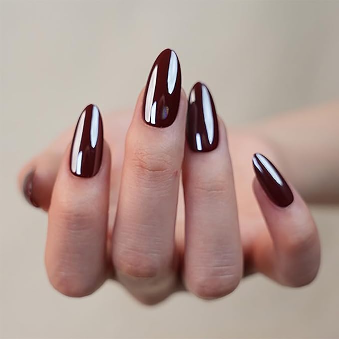 30Pcs Almond Press On Nails - Supremely Fit & Natural Soft Gel Almond Nails,15 Sizes, Reusable Fake Nails Kit with Gift Box for Women (Red Brown)