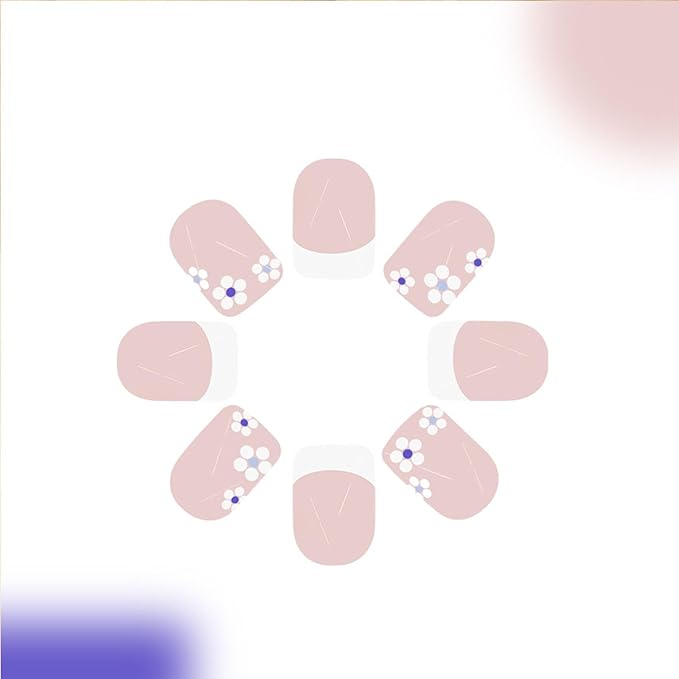Press on Nails Short Square Plastic False Nails 24 Pcs White French Tips Flower Pattern Glossy Finish