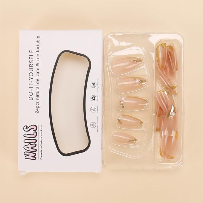 Press on Nails Almond - French Tip Fake Nails with Gold Line Design - Medium Fasle Nails Press ons - for Women 24 Pcs