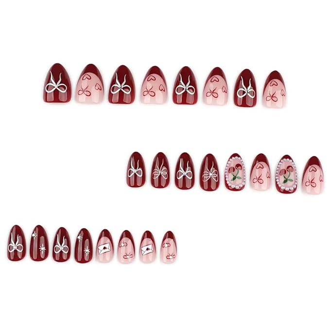 Red Press on Nails Almond - Short Fake Nails with Bow Heart Cherry Design - Winter False Nails Press ons - for Women 24 Pcs
