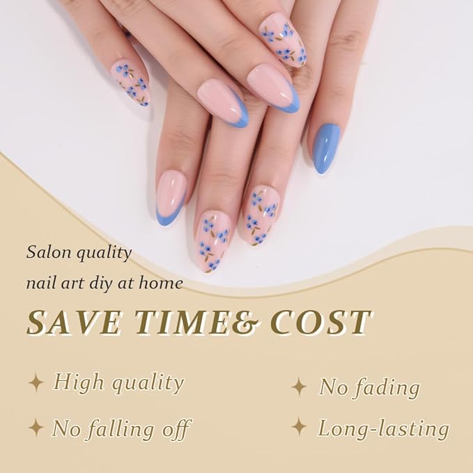 evpct Nude Pink Press on Nails Short Almond with Blueberry Design, Blue Tip Full Cover Fake Nails Reusable Perfect Fit Nail Kit with Kits Tabs File, Stick on Soft Nail for Women Manicure, 24Pcs