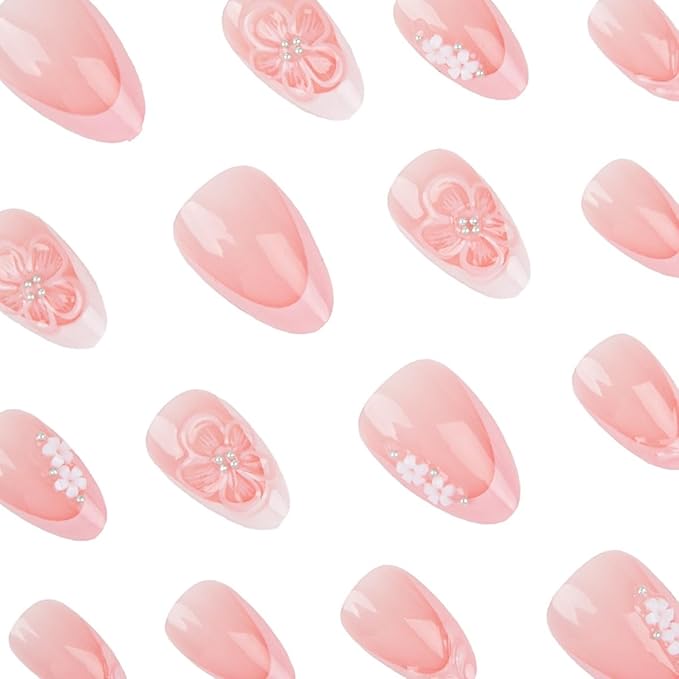Short Press on Nails Almond - French Tip Fake Nails with 3D Flower Design - Pink Glossy Full Cover Stick on Nails for Women Manicure 24 Pcs