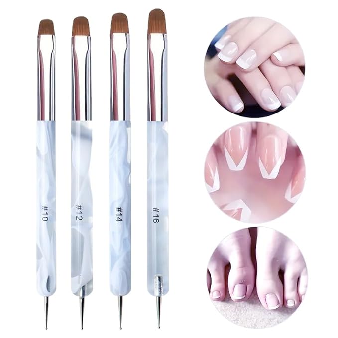 4Pcs French Tip Brush, Double-Ended French Brushes for Nails with Dotting Tool, Clean Up Brush for Gel Nail Polish, Size 10/12/14/16, Acrylic Nail Art Brushes, Manicure Tools for Nail Design-Silver