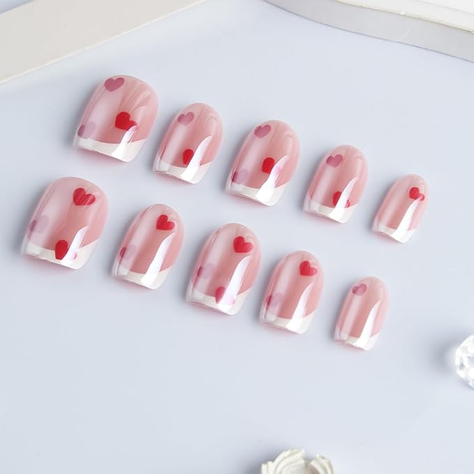 Valentines Press on Nails Short Square Fake Nails Chrome Nails Press ons with Red Love Heart Design Full Cover Stick on Nails for Women Manicure,Reusable | Glue Tabs | Easy Apply | 24Pcs