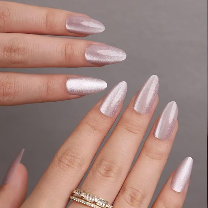 Press on Nails Almond - Pink Fake Nails with Glossy Glitter Design - Medium False Nails Press ons - for Women 24 Pcs