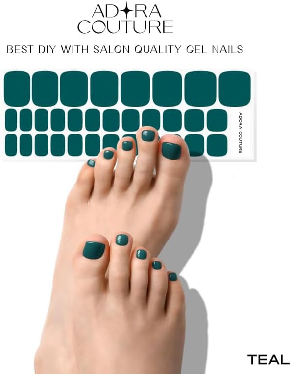 Semi Cured Gel Nail Strips – 32 Pcs Gel Pedicure Stickers - UV Nail Wraps for Toenails, Easy Application, Long Lasting, Salon Quality & UV Light Required - Teal P
