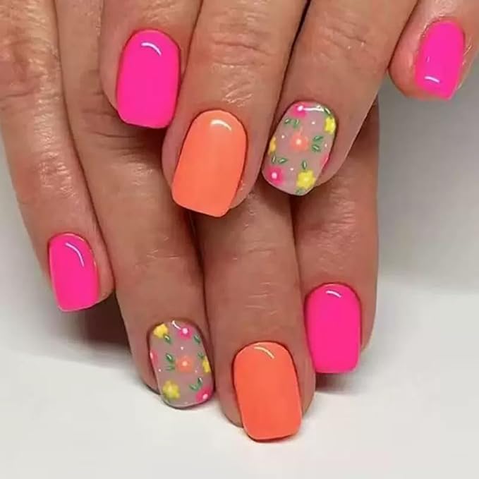 6 Packs (144 Pcs) Flower Press on Nails Short Square Fake Nails Floral False Nails with Designs Spring Summer Glue on Nails Full Cover Glossy Acrylic Stick on Nail for Women Girls Manicure