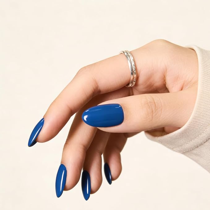 Dark Blue Press on Nails Almond Medium, Navy Blue Nails Press On with Nail Glue, Natural Soft Gel Nail Kit, Natural Reusable Glue On Nails in 15 Sizes 30 Fake Nails Kit