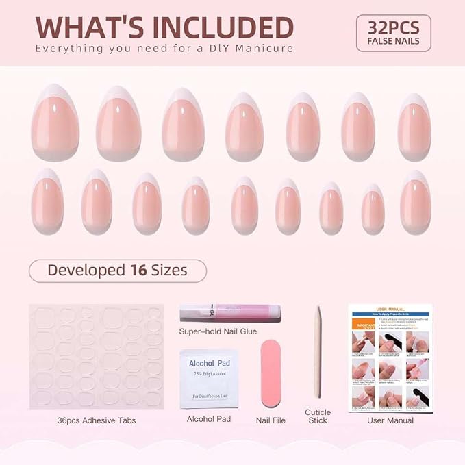 RTKHFZE Gel Press on Nails Short-French Tip Press On Nails Almond,Soft Gel Fake Nails for Women,Natural Reusable Stick On Nails in 16 Sizes - 32 False Nails Kit for Gift Idea