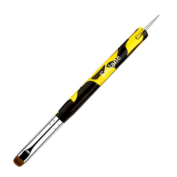 French Manicure Brush, Esclane 2 Way French Nail Brush with Dotting Tool for Manicure Cuticle Clean Up Nail Art Design, French Tip Brush (Yellow, #10)