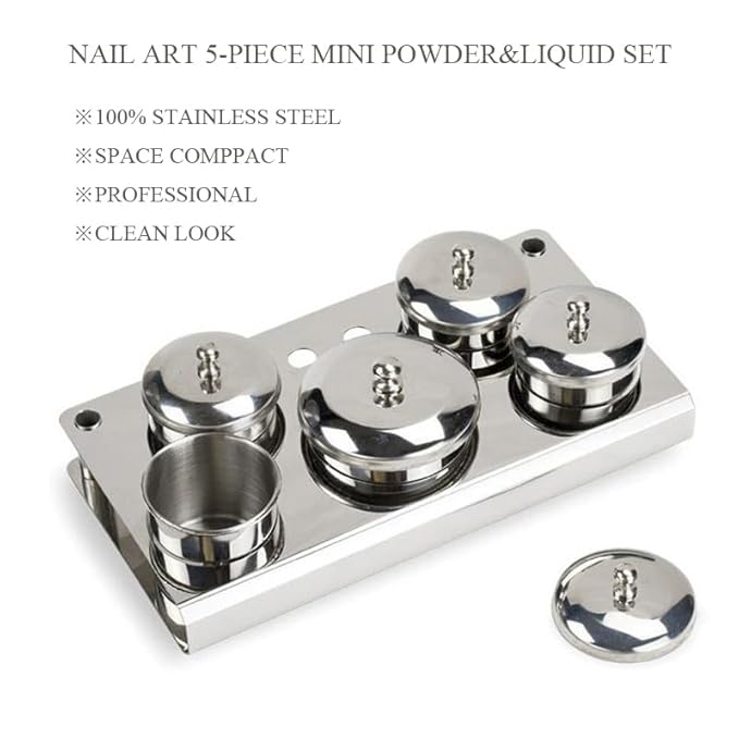 Manicure Stainless Steel Cup Set Nail Art Acrylic Liquid Holder Professional Stainless Steel Storage Box Acrylic Powder Organizer Tray (5PCS)